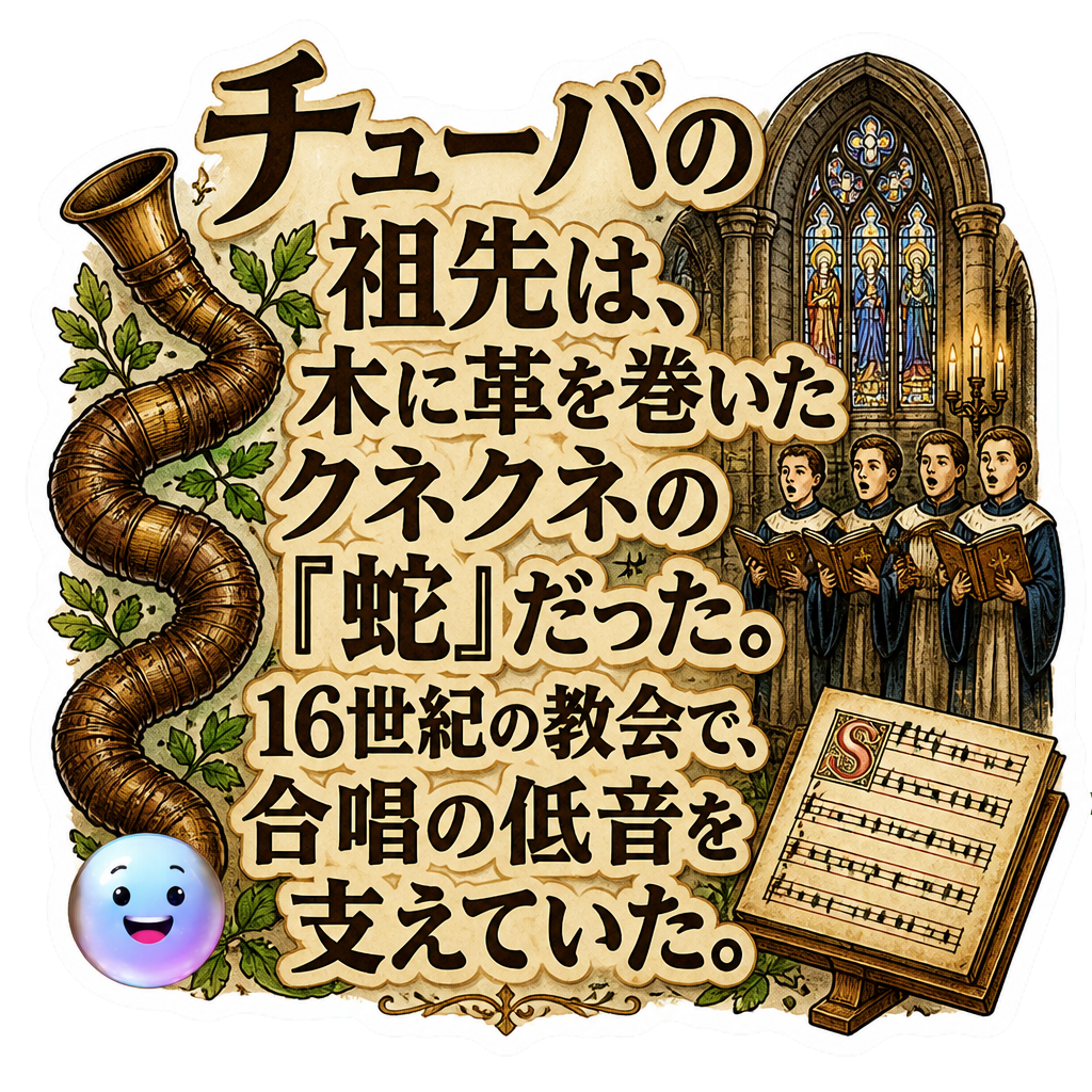 チューバの祖先は、木に革を巻いたクネクネの『蛇』だった。16世紀の教会で、合唱の低音を支えていた。