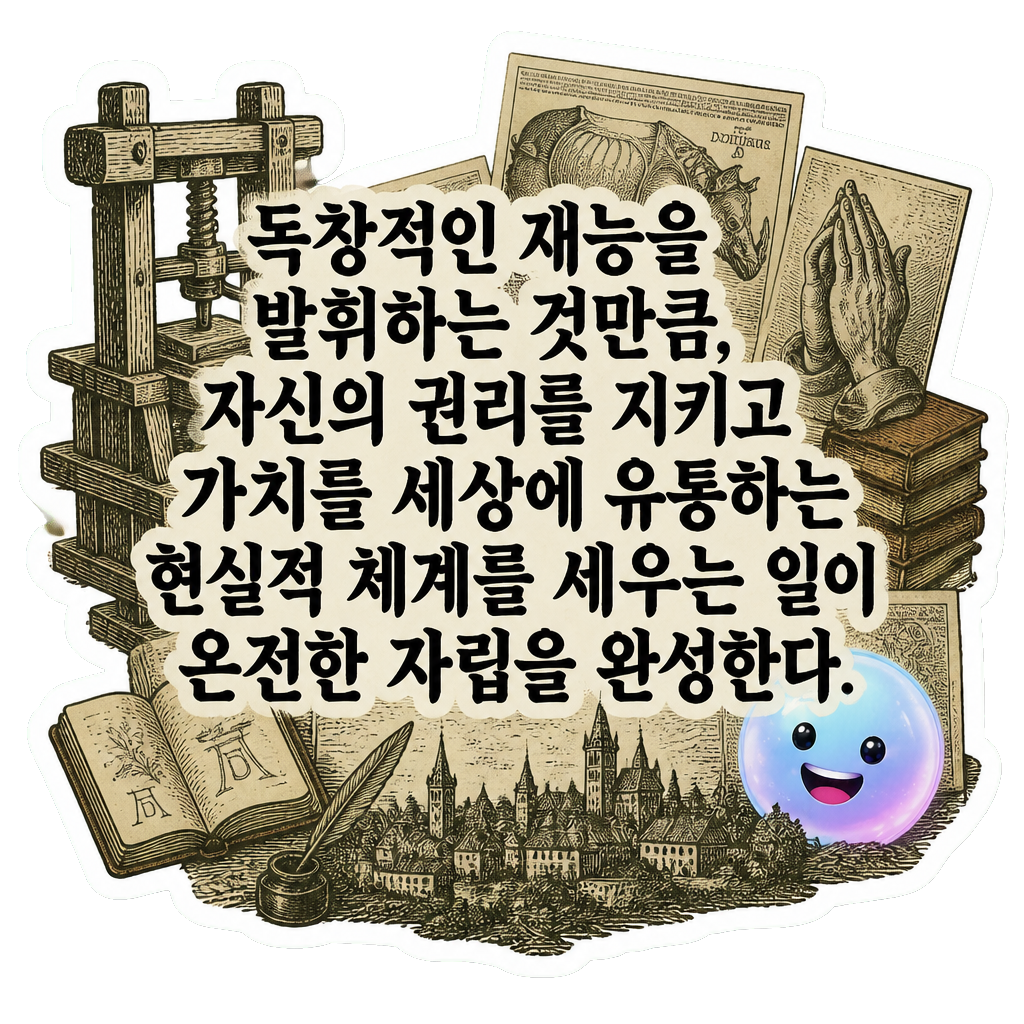 독창적인 재능을 발휘하는 것만큼, 자신의 권리를 지키고 가치를 세상에 유통하는 현실적 체계를 세우는 일이 온전한 자립을 완성한다.