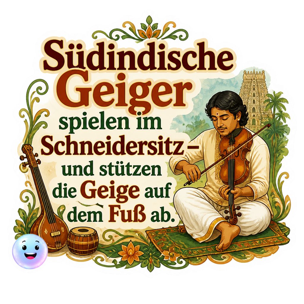 Südindische Geiger spielen im Schneidersitz – und stützen die Geige auf dem Fuß ab.