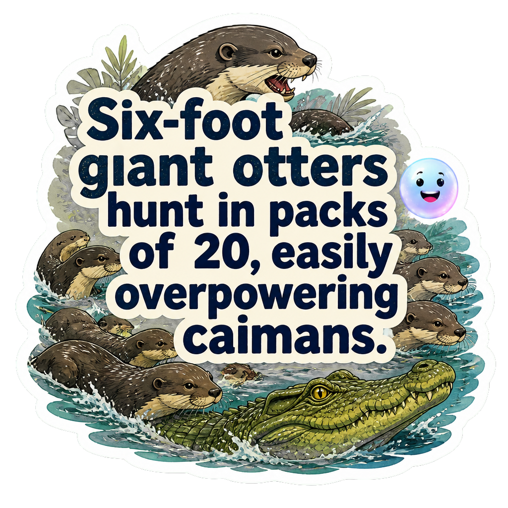 Six-foot giant otters hunt in packs of 20, easily overpowering caimans.