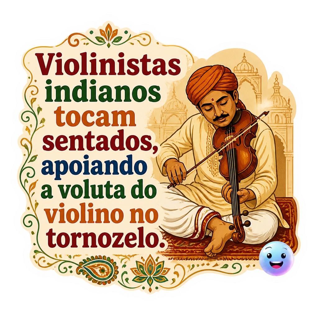 Violinistas indianos tocam sentados, apoiando a voluta do violino no tornozelo.