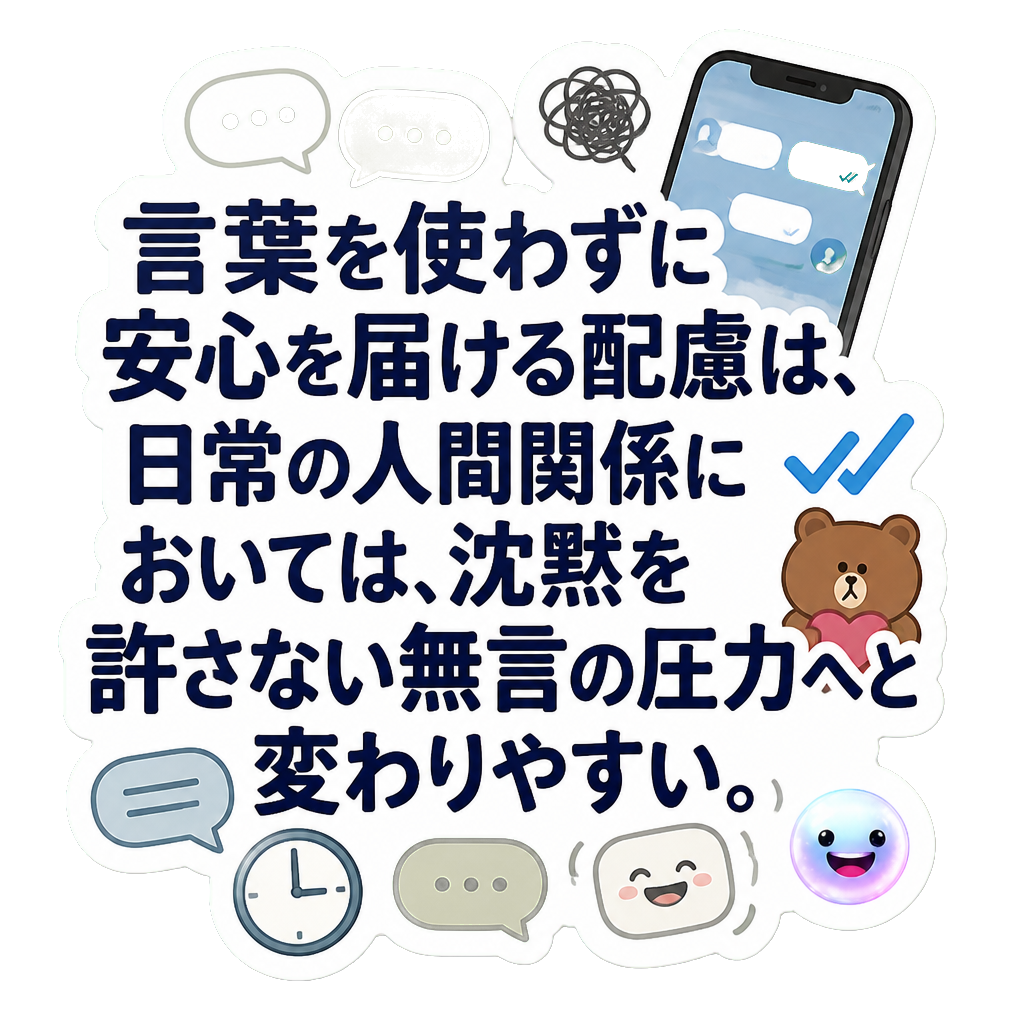 言葉を使わずに安心を届ける配慮は、日常の人間関係においては、沈黙を許さない無言の圧力へと変わりやすい。