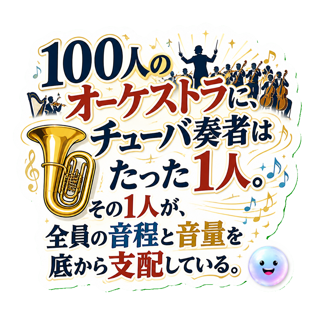 100人のオーケストラに、チューバ奏者はたった1人。その1人が、全員の音程と音量を底から支配している。