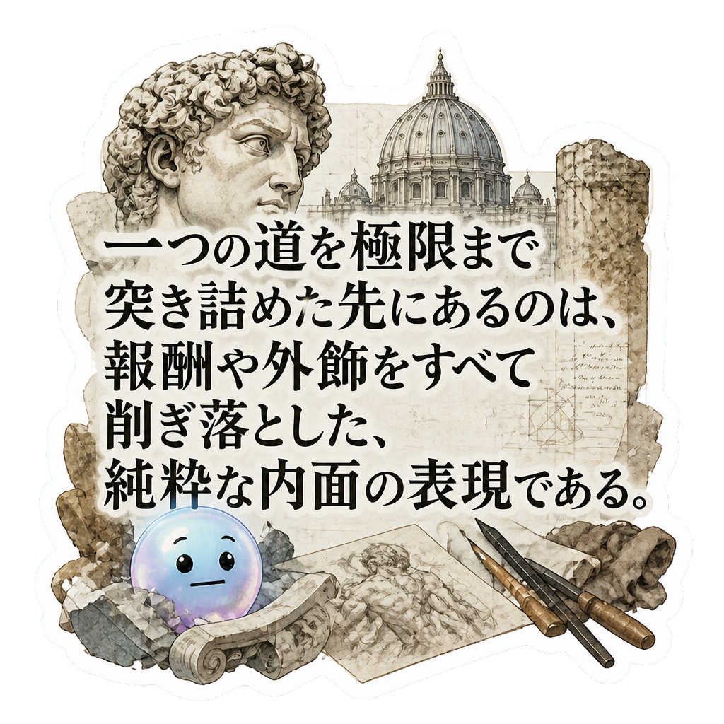 一つの道を極限まで突き詰めた先にあるのは、報酬や外飾をすべて削ぎ落とした、純粋な内面の表現である。