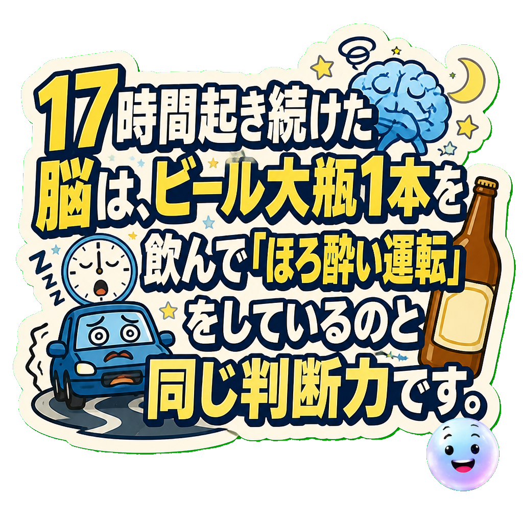17時間起き続けた脳は、ビール大瓶1本を飲んで「ほろ酔い運転」をしているのと同じ判断力です。