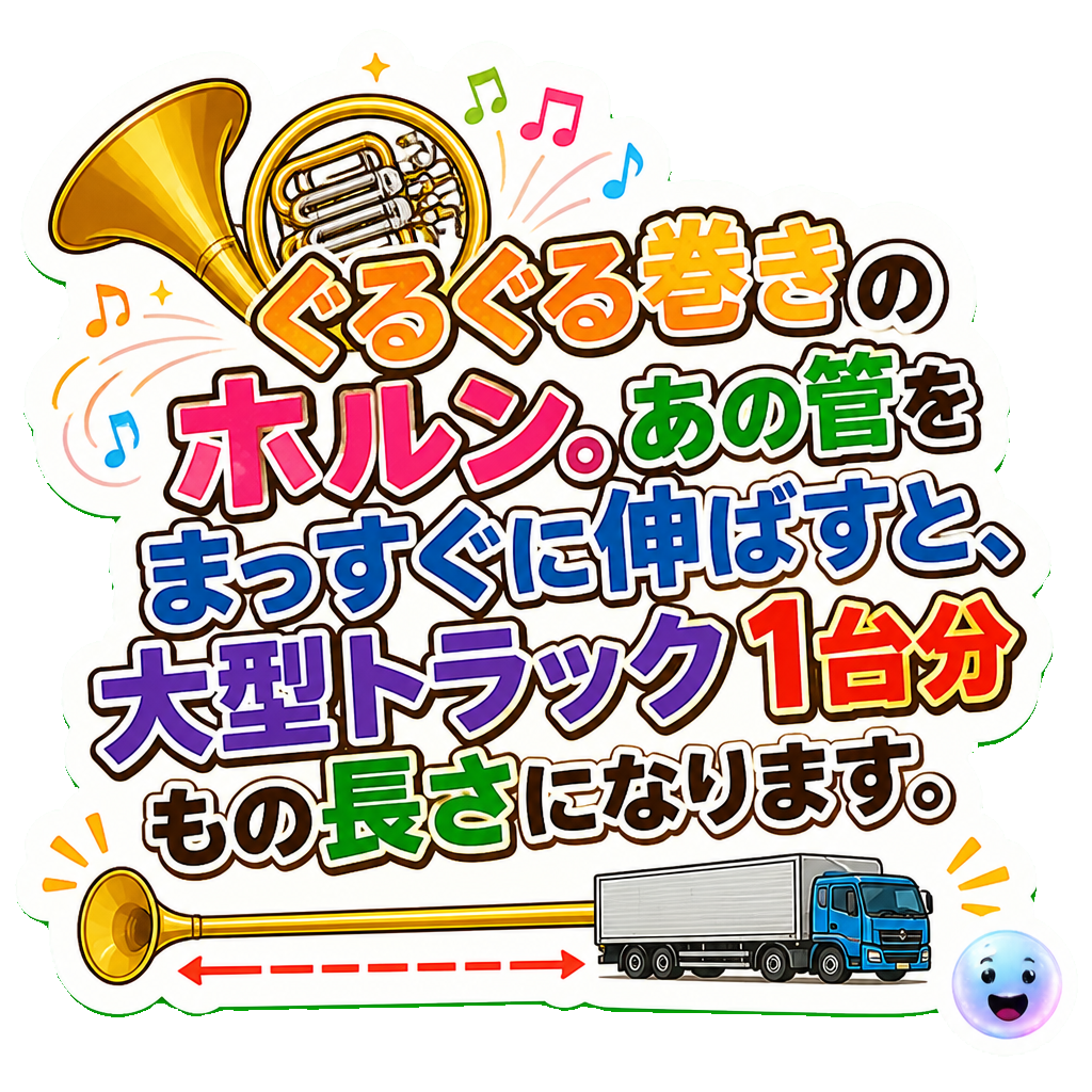ぐるぐる巻きのホルン。あの管をまっすぐに伸ばすと、大型トラック1台分もの長さになります。