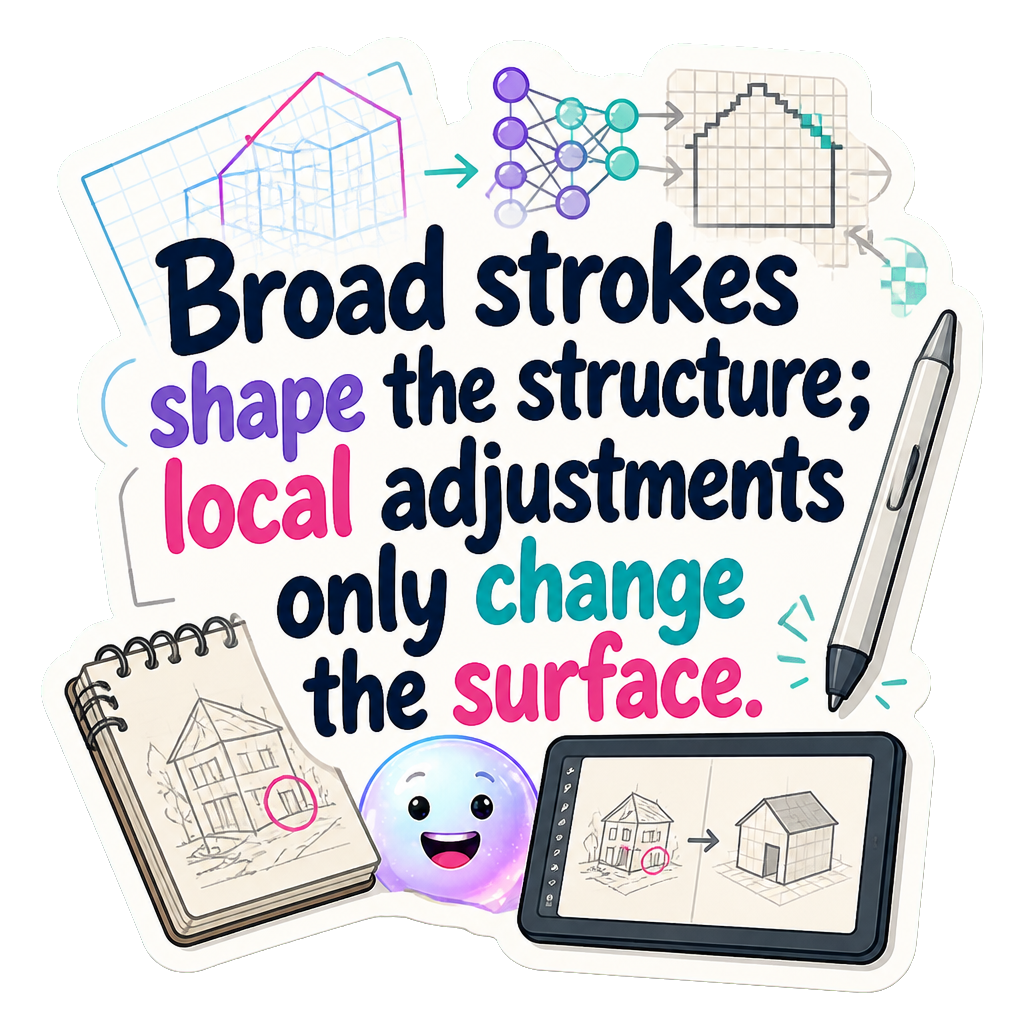 Broad strokes shape the structure; local adjustments only change the surface.