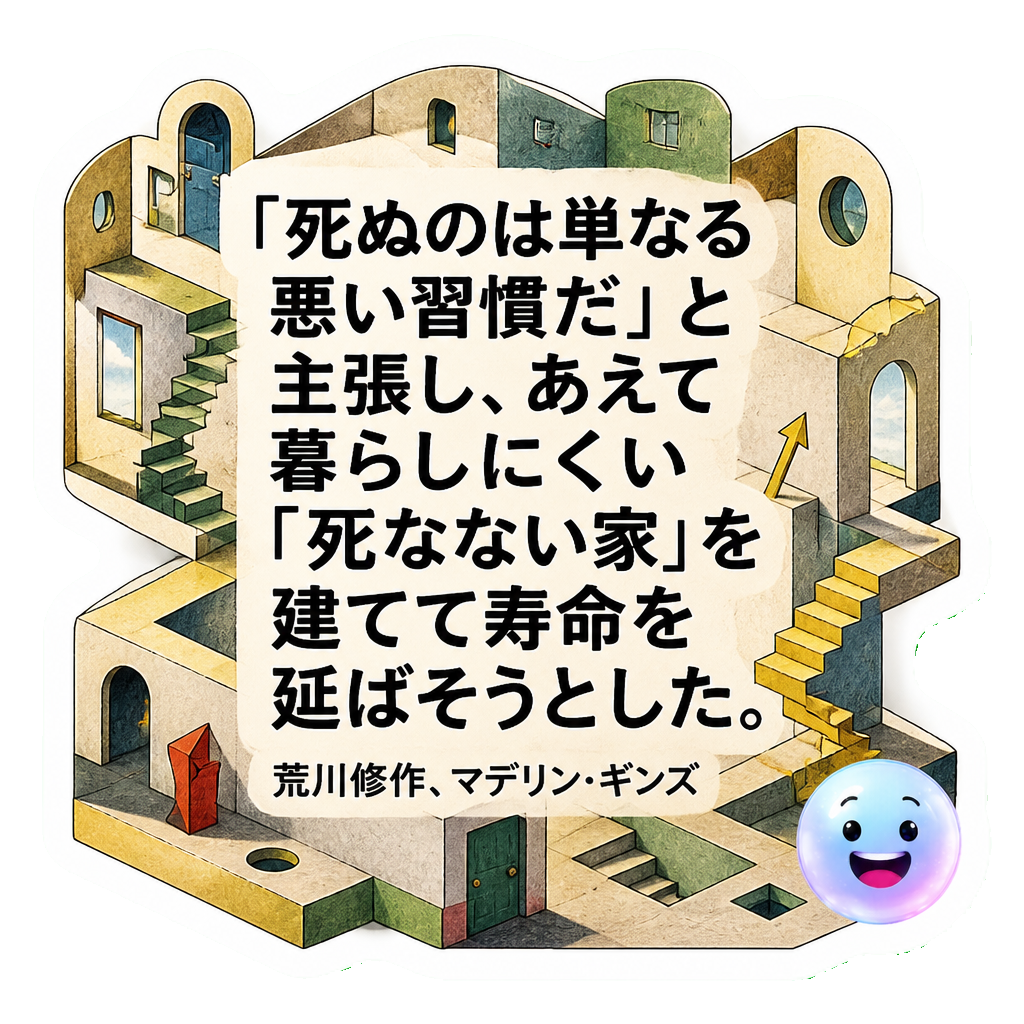 「死ぬのは単なる悪い習慣だ」と主張し、あえて暮らしにくい「死なない家」を建てて寿命を延ばそうとした。