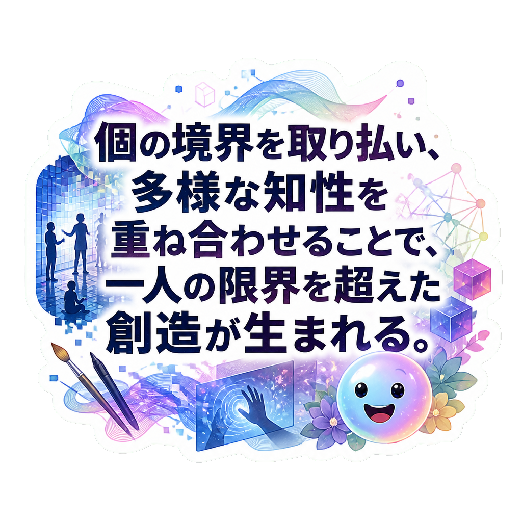 個の境界を取り払い、多様な知性を重ね合わせることで、一人の限界を超えた創造が生まれる。