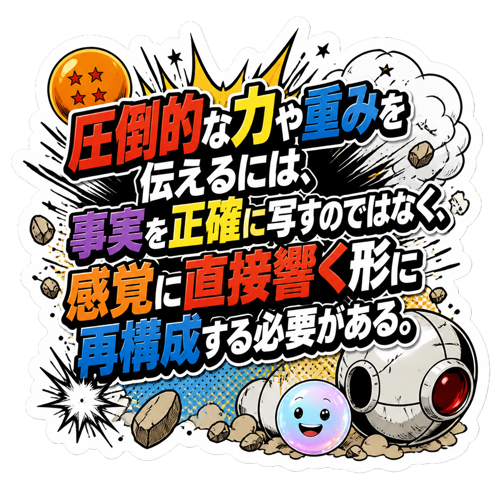 圧倒的な力や重みを伝えるには、事実を正確に写すのではなく、感覚に直接響く形に再構成する必要がある。