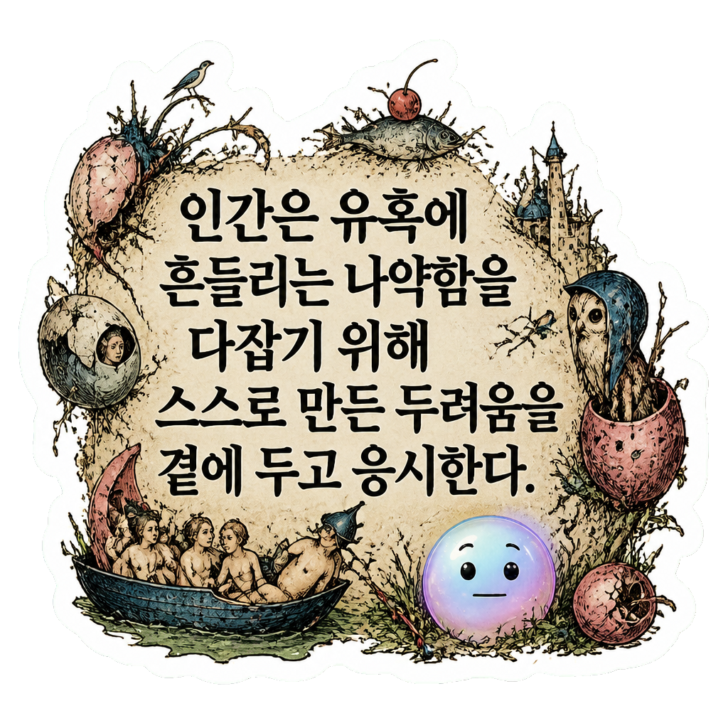 인간은 유혹에 흔들리는 나약함을 다잡기 위해 스스로 만든 두려움을 곁에 두고 응시한다.