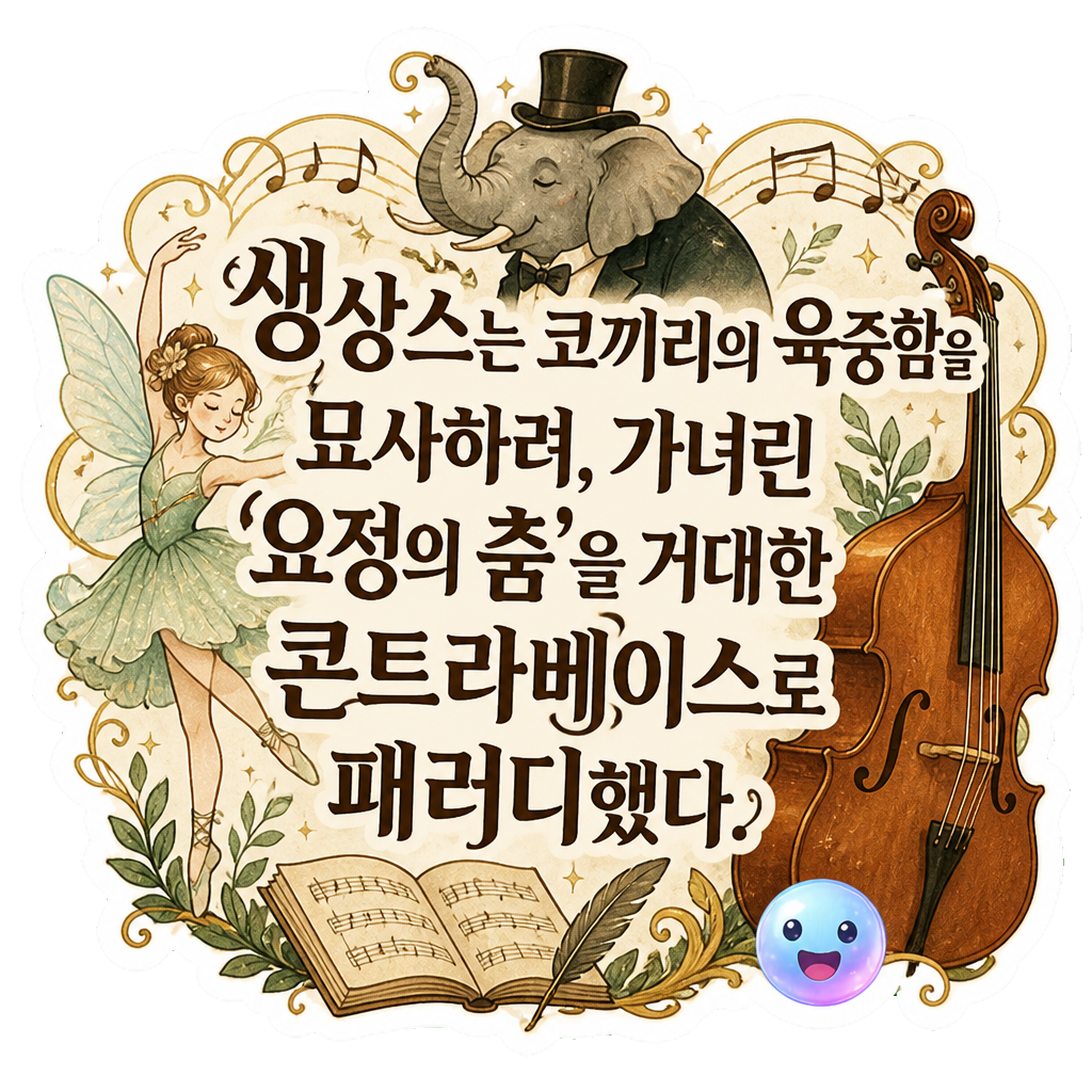 생상스는 코끼리의 육중함을 묘사하려, 가녀린 '요정의 춤'을 거대한 콘트라베이스로 패러디했다.