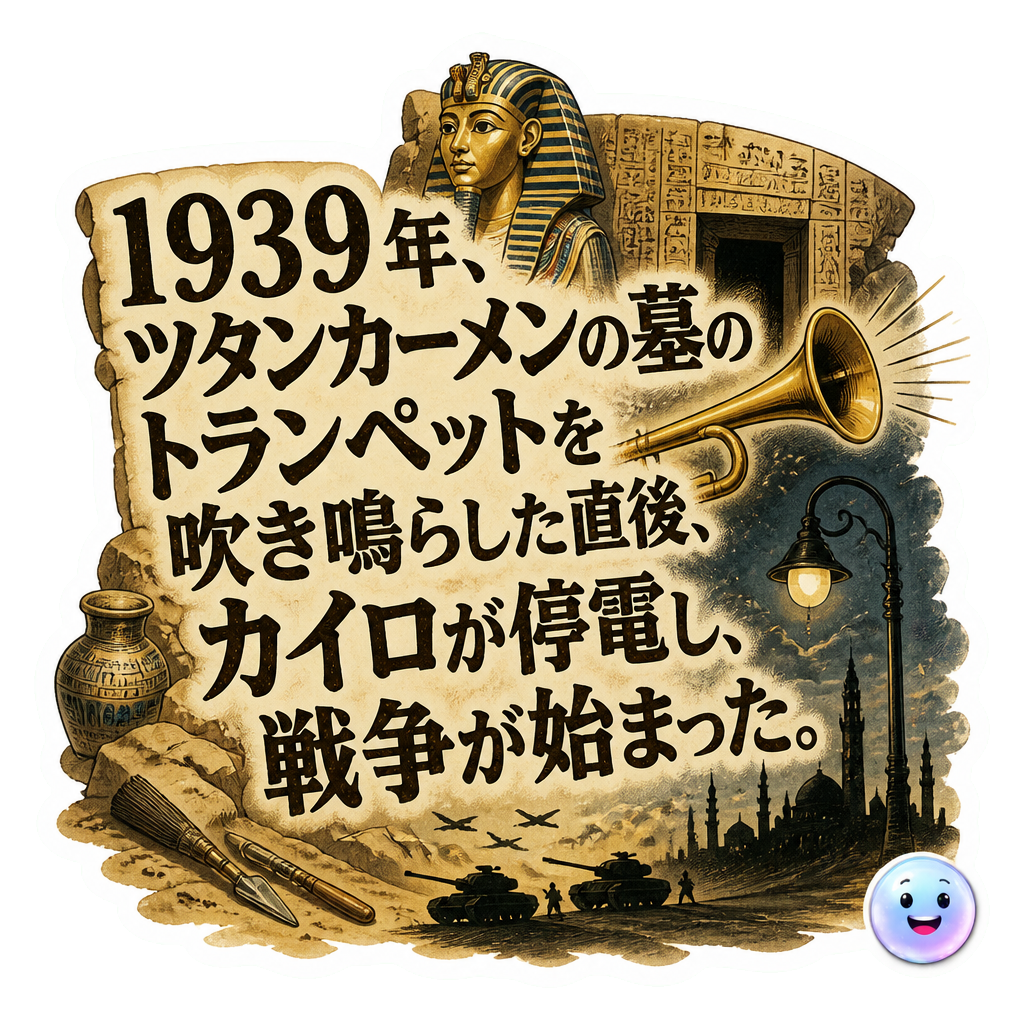 1939年、ツタンカーメンの墓のトランペットを吹き鳴らした直後、カイロが停電し、戦争が始まった。