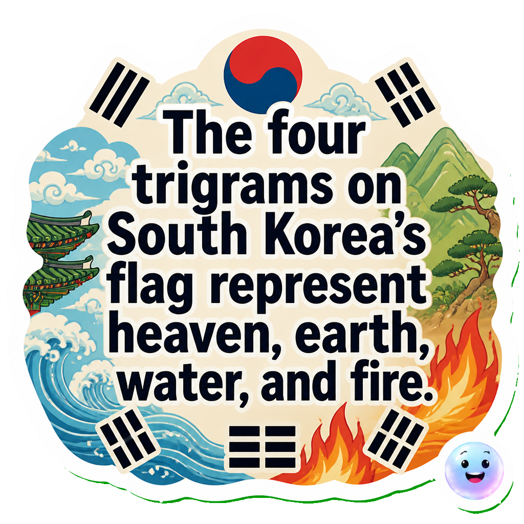 The four trigrams on South Korea's flag represent heaven, earth, water, and fire.