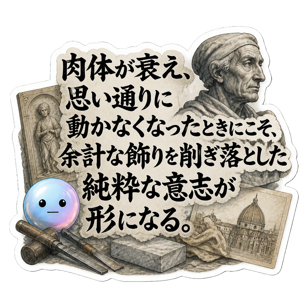 肉体が衰え、思い通りに動かなくなったときにこそ、余計な飾りを削ぎ落とした純粋な意志が形になる。