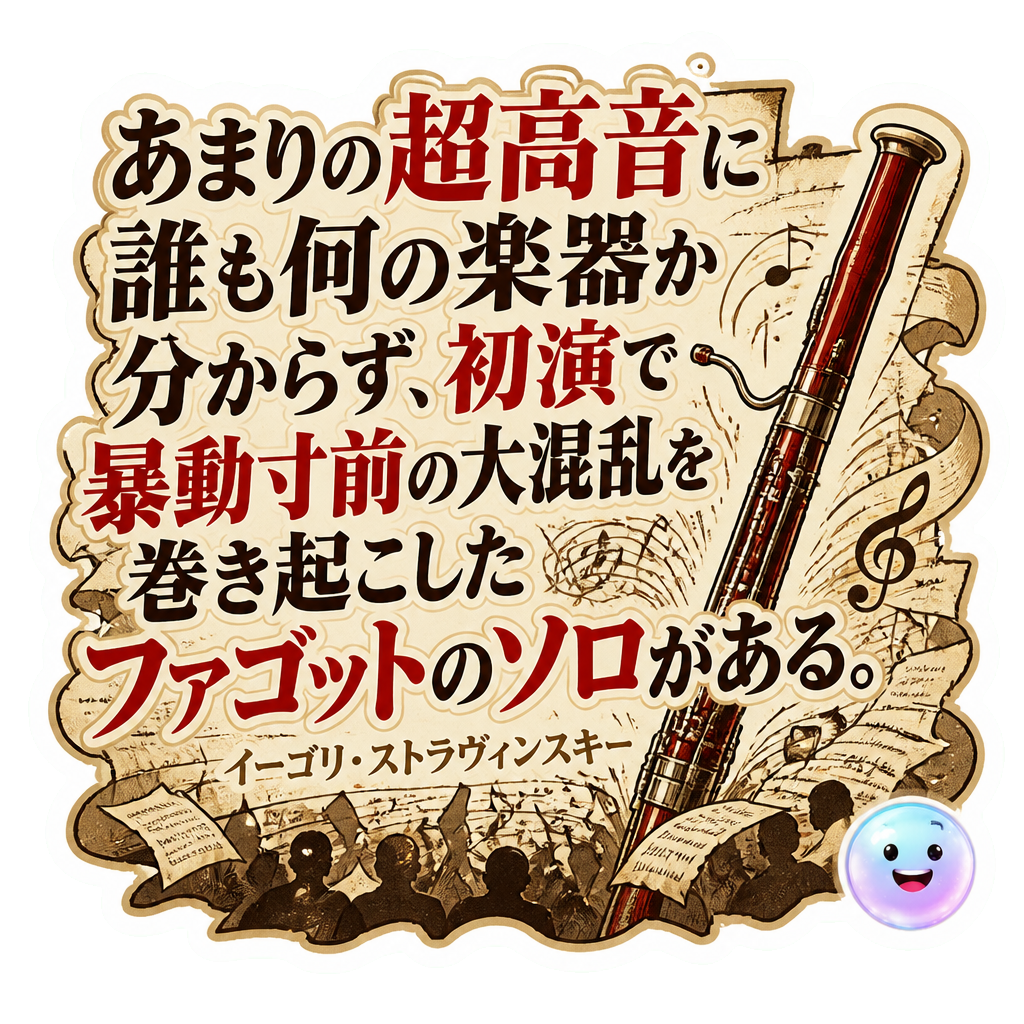 あまりの超高音に誰も何の楽器か分からず、初演で暴動寸前の大混乱を巻き起こしたファゴットのソロがある。