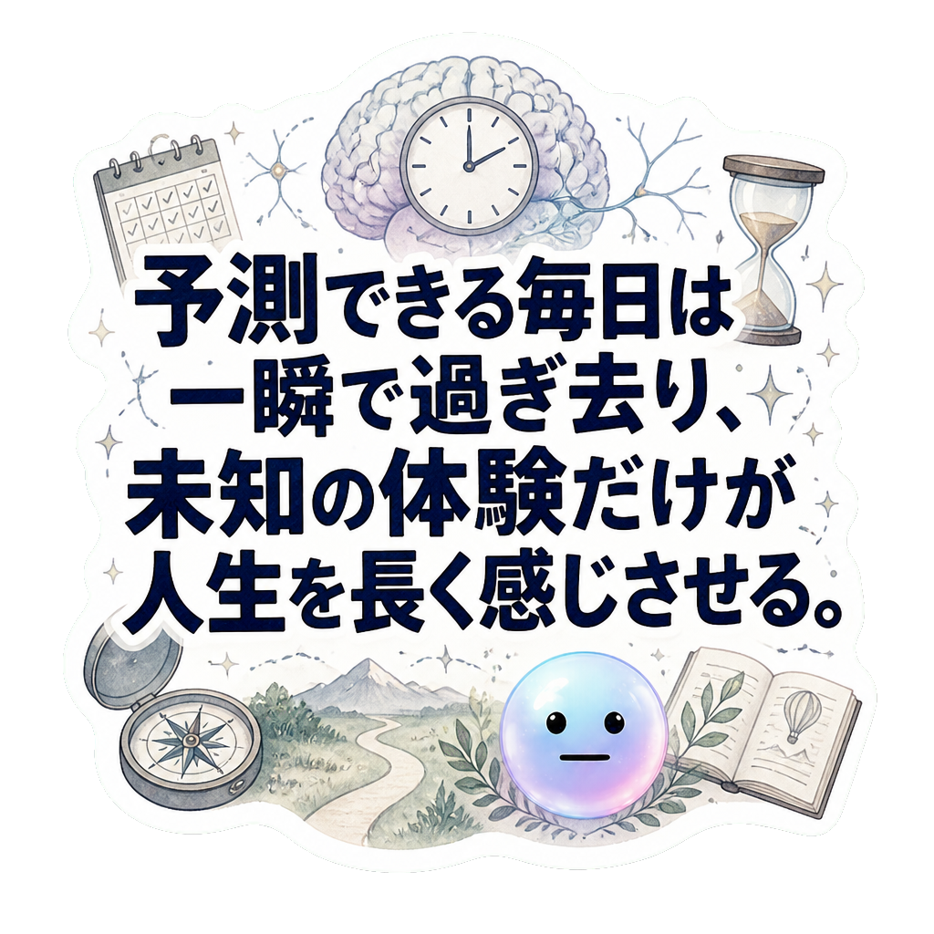 予測できる毎日は一瞬で過ぎ去り、未知の体験だけが人生を長く感じさせる。