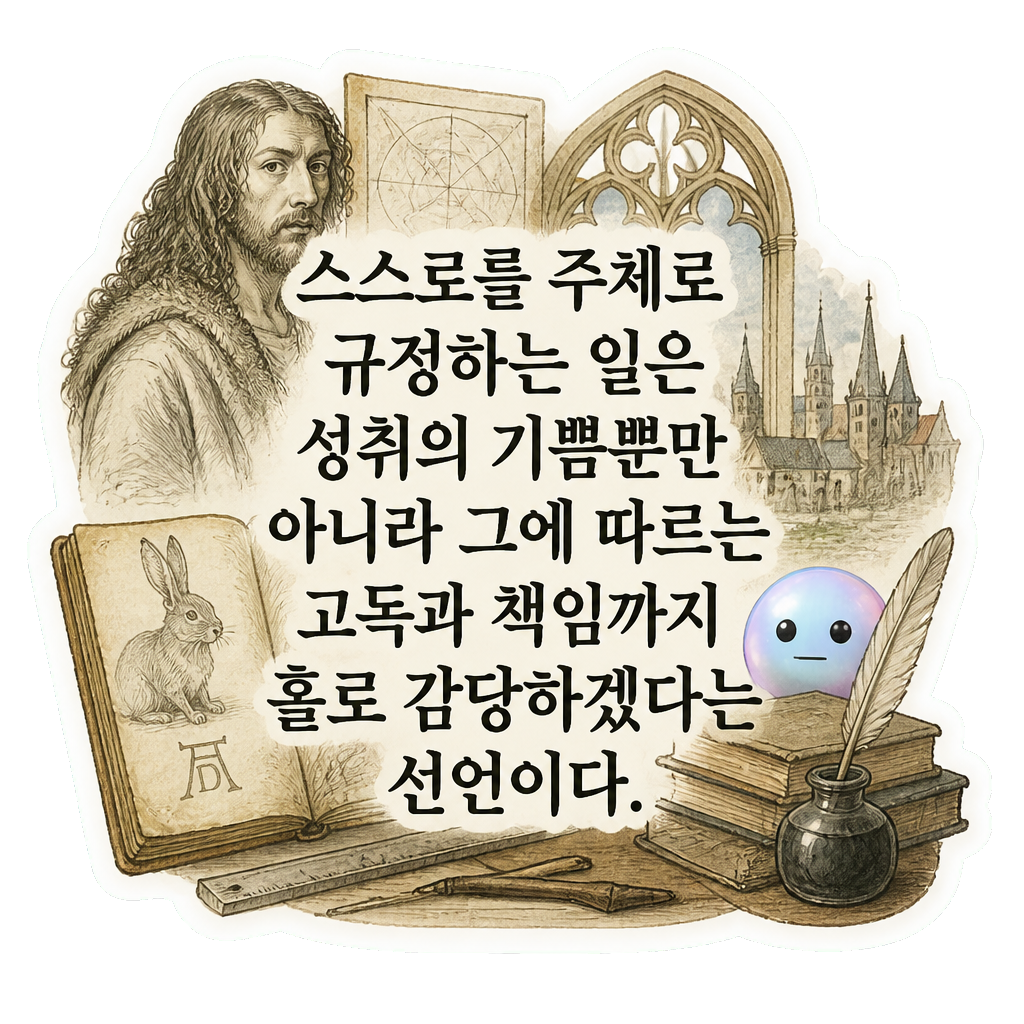 스스로를 주체로 규정하는 일은 성취의 기쁨뿐만 아니라 그에 따르는 고독과 책임까지 홀로 감당하겠다는 선언이다.