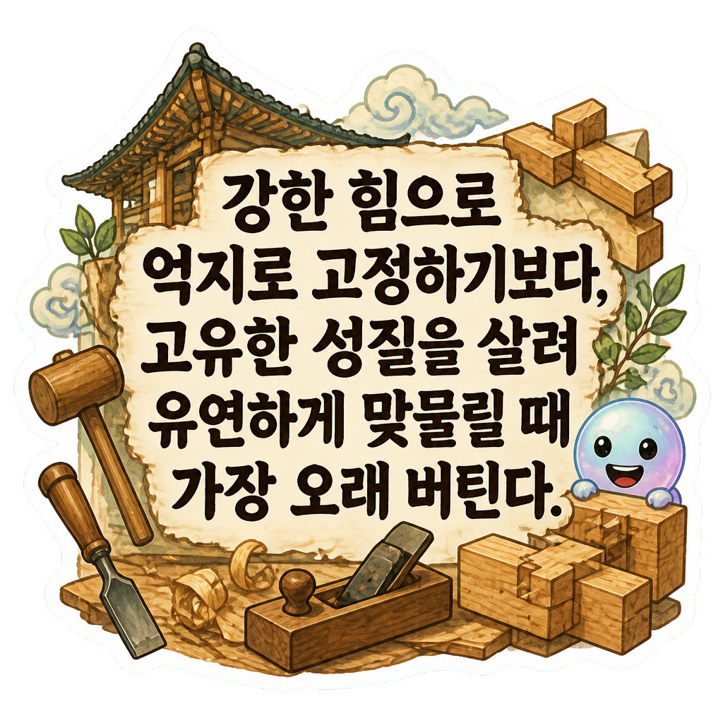 강한 힘으로 억지로 고정하기보다, 고유한 성질을 살려 유연하게 맞물릴 때 가장 오래 버틴다.