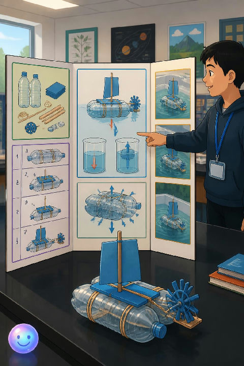 A science presentation board connects your handmade boat design to the physics of buoyancy.