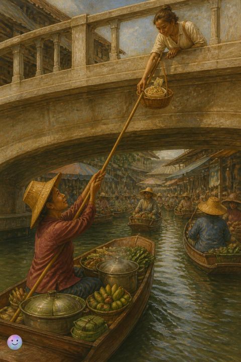 Qué ingenioso cómo suben comida de la barca al puente con pértigas y cestas.