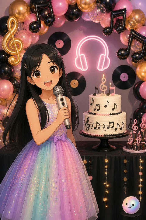 Anime art styles capture the magical rhythm of a ninth birthday celebration.