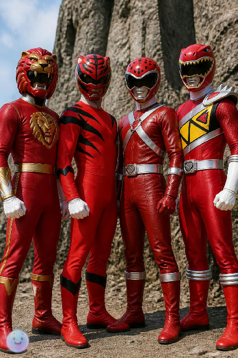 Wild animal features directly shape the helmets and gear of these four red rangers
