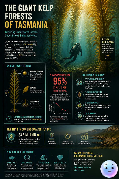 Giant seaweed forests grow thirty meters tall, creating natural light tunnels under the sea.