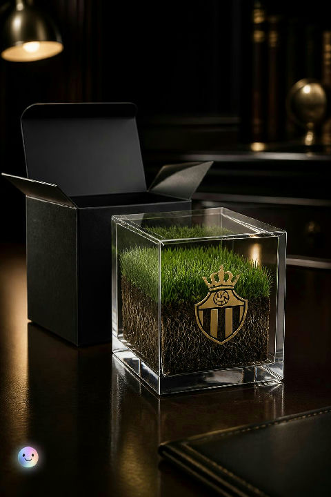 A seven-centimeter acrylic case preserves real stadium turf and soil forever.