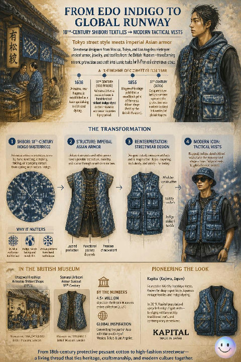 18th-century Japanese indigo-dyeing techniques directly inspire today's rugged runway tactical vests.