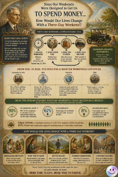 This infographic explains how Henry Ford's 1926 implementation of the five-day workweek was an economic strategy to increase productivity and create a consumer class with the leisure time to purchase manufactured goods.