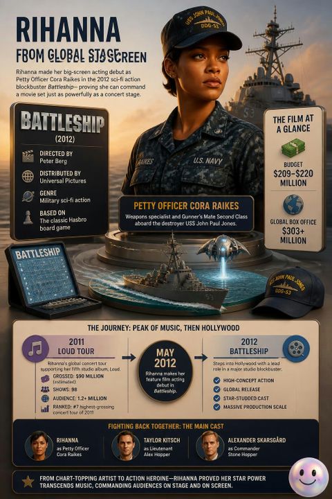 This infographic highlights Rihanna's theatrical acting debut as Petty Officer Cora Raikes, a tough weapons specialist in the 2012 sci-fi action film *Battleship*.