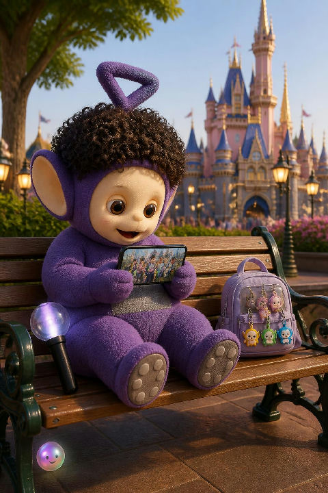 ENHYPEN found Disneys rarest resident, a curly-haired purple Teletubby, during their EN-O-CLOCK break