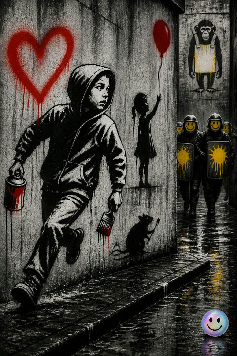 Banksy actually uses pre-cut stencils to spray detailed art in just seconds.
