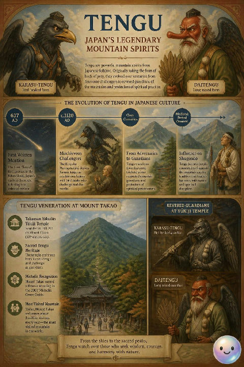 Japanese folklore remembers Tengu as powerful mountain spirits that originally took bird forms.
